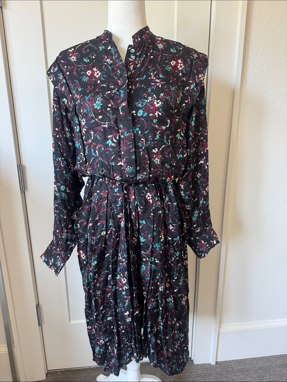 Isabel Etoile Marant Black Floral Midi Dress with Teal & Maroon Accents